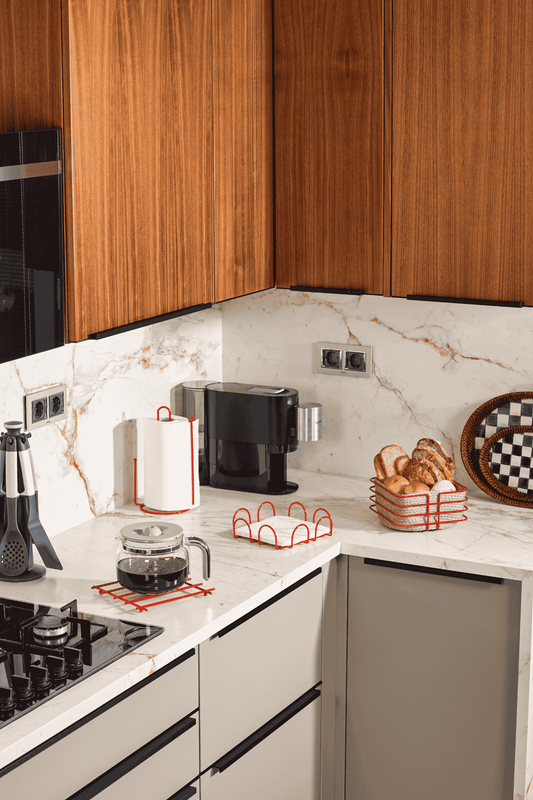 Yılbaşı Kırmızı 4'Lü Servis Sunum Set, Peçetelik, Kağıt Havluluk, Ekmeklik Makrome, Nihale - Metal Paslanmaz