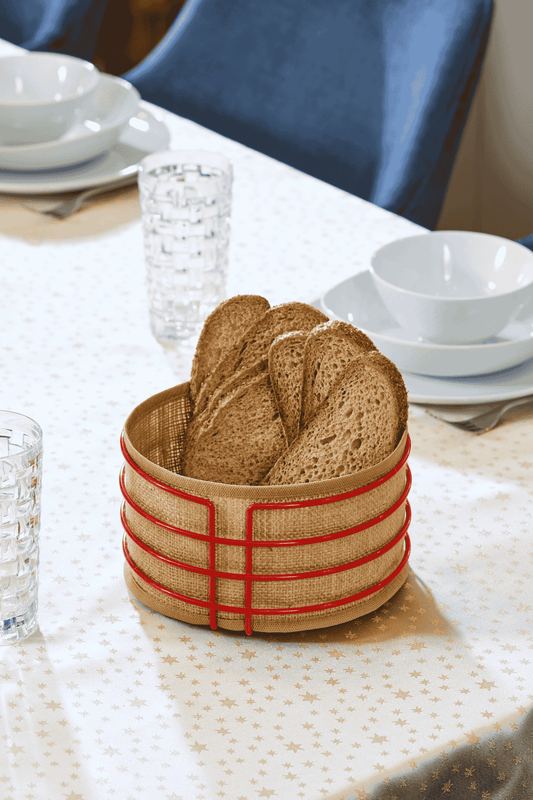 Yılbaşı Kırmızı Yuvarlak Ekmek Sepeti Jüt Kumaş Bezi, Sunum Sepet Ekmeklik - Çok Amaçlı Metal Paslanmaz