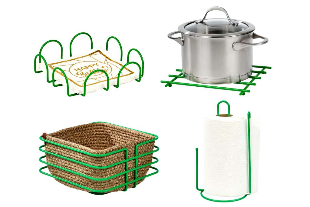 4-Piece New Year's Green Serving Set Napkin Holder Paper Towel Holder Bread Basket Trivet Stainless Metal