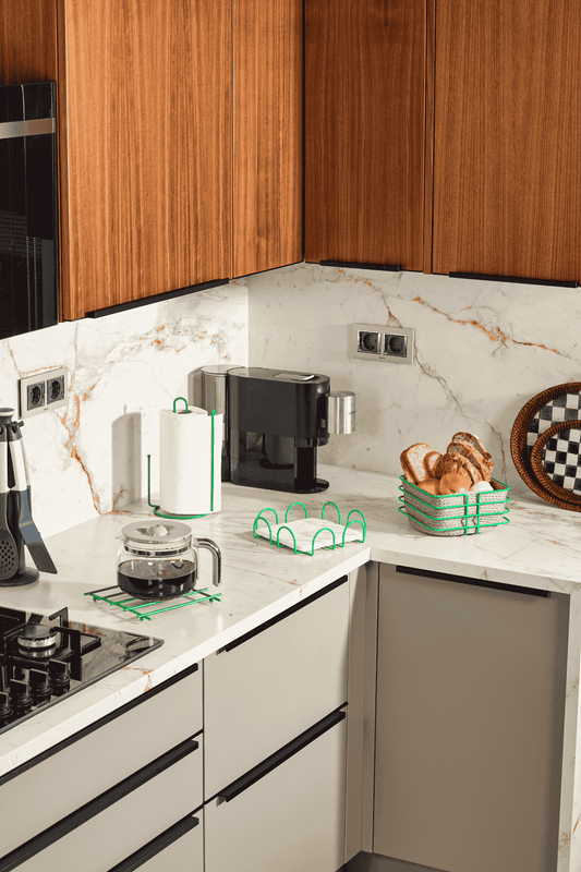 Yılbaşı Yeşil 4'Lü Servis Sunum Seti, Peçetelik, Kağıt Havluluk, Ekmeklik Makrome, Nihale - Metal Paslanmaz