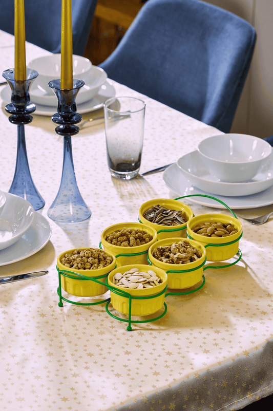 Yılbaşı Yeşil Altı Bölmeli Çerezlik, Sosluk, Reçellik, Sunumluk, Kahvaltılık Ikram Seti - Metal Paslanmaz