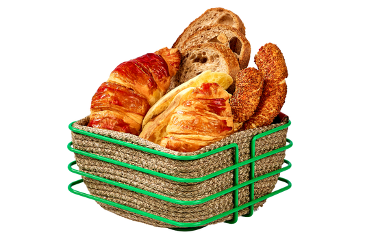 Yılbaşı Yeşil Oval Köşeli Kare Ekmek Sepeti Şık, Ekmeklik Hasır Örmeli Makrome - Çok Amaçlı Metal Paslanmaz