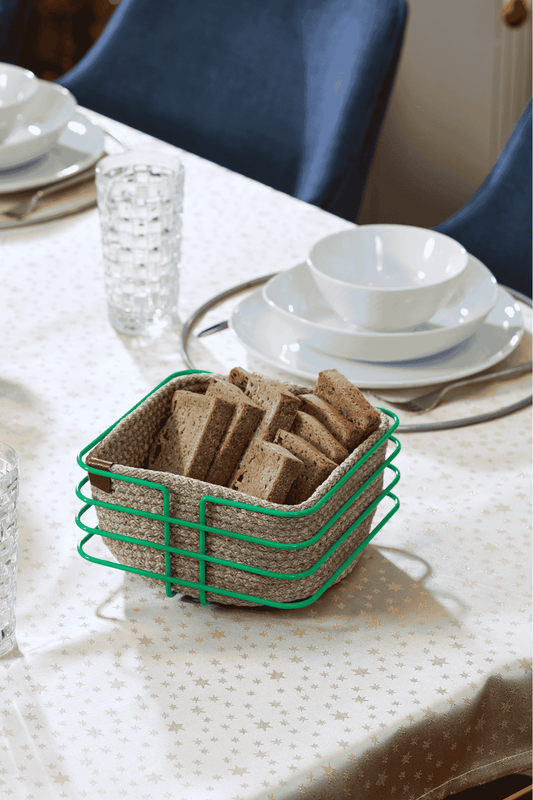Yılbaşı Yeşil Oval Köşeli Kare Ekmek Sepeti Şık, Ekmeklik Hasır Örmeli Makrome - Çok Amaçlı Metal Paslanmaz