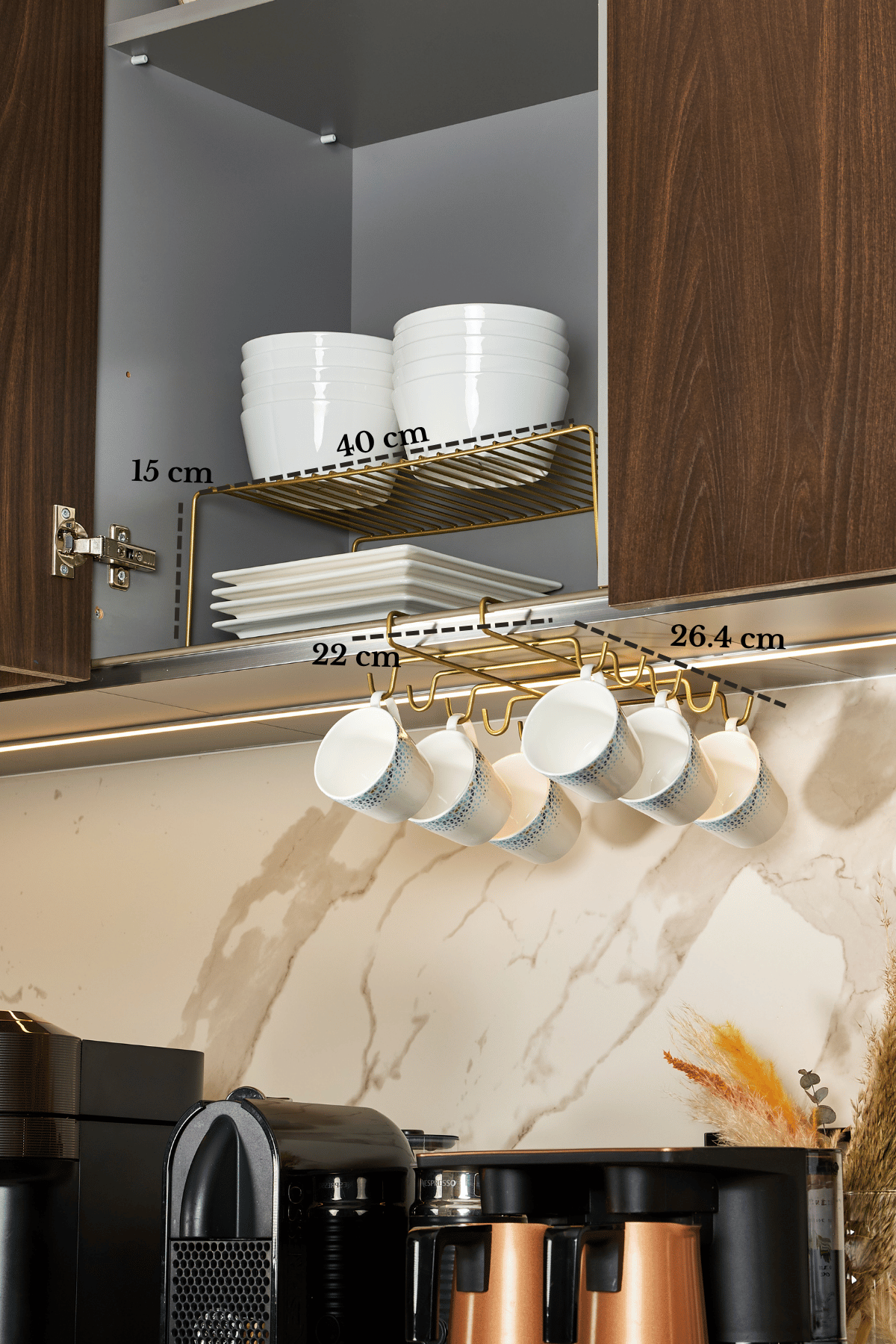 2'li Mat Gold Mutfak Seti Dolap Düzenleyici Ve 10 Kancalı Bardak Askılığı Paslanmaz Metal