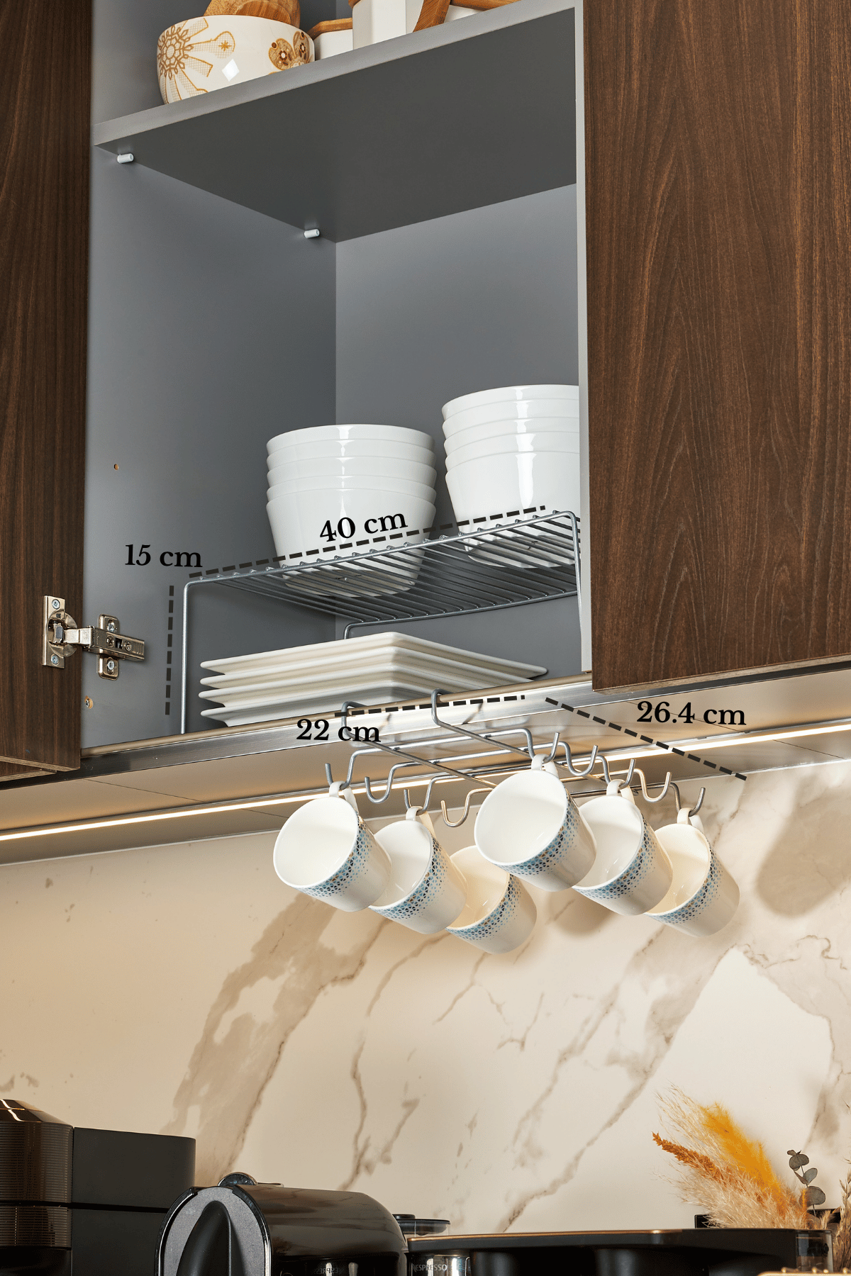 2'li Mat Gümüş Mutfak Seti Dolap Düzenleyici Ve 10 Kancalı Bardak Askılığı Paslanmaz Metal