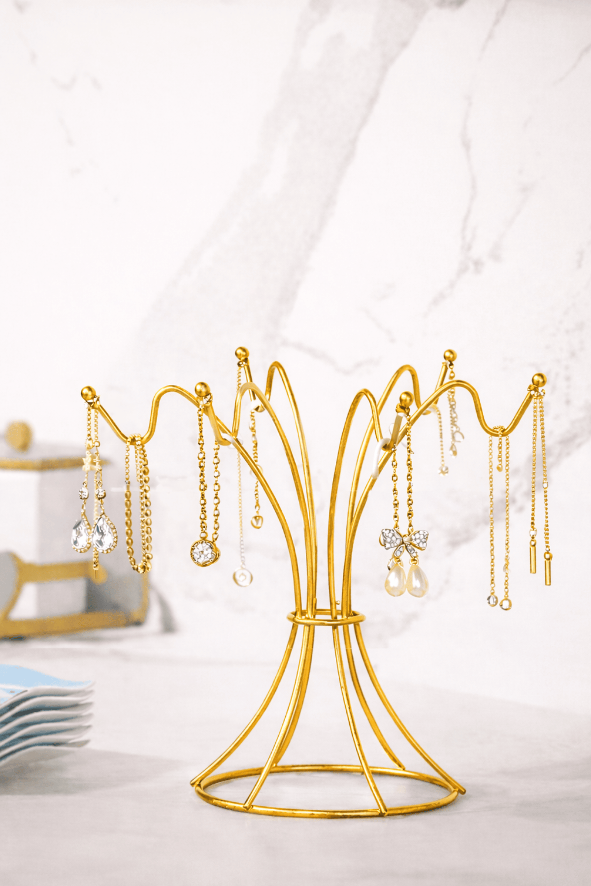 2-Piece Shiny Gold Desktop Cosmetic Jewelry, Perfume, Towel Organizer + 6-Hook Jewelry Stand, Necklace Bracelet, Rosary Organizer