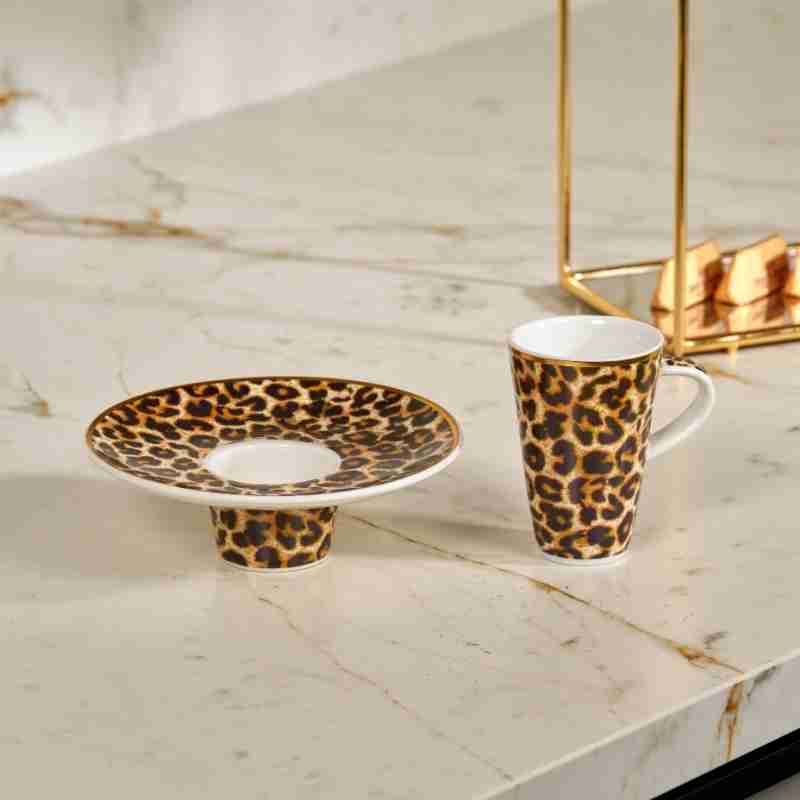 Türk Kahve Fincanı İçe Geçmeli Leopar Desenli 2 Kişilik 4 Parça