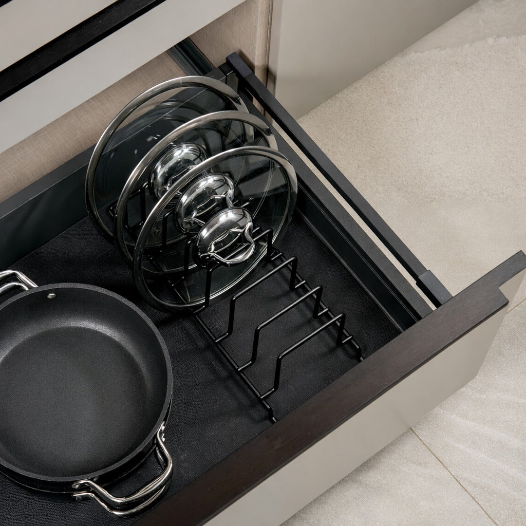 Siyah Mutfak Çekmece İçi Tava Tencere Düzenleyici Organizer – Yer Tasarruflu Sıralayıcı