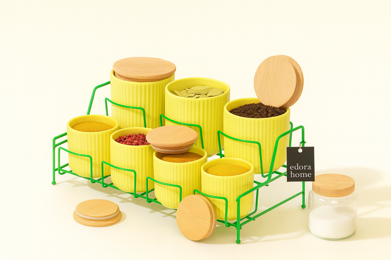 7 Compartment Porcelain Spice Set with Green Stand Kitchen Organizer with Bamboo Lid - Metal Stainless