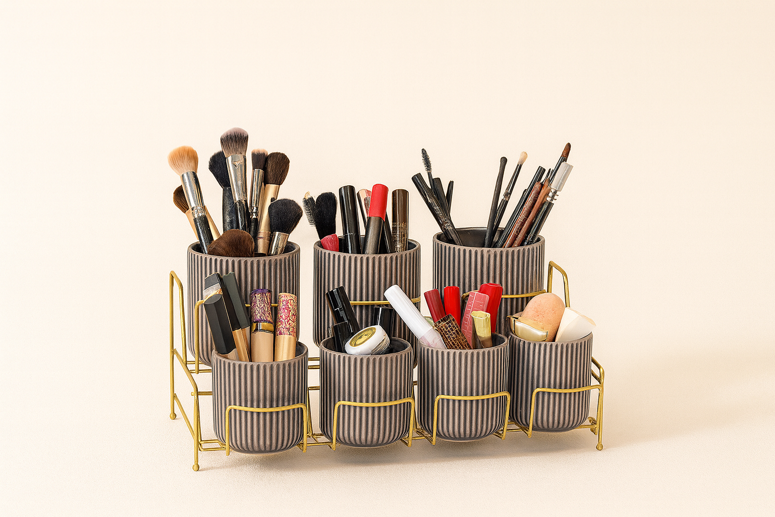 Gold Makeup And Cosmetic Tabletop Organizer, Multipurpose Bathroom Organizer 7 Compartments - Metal Stainless