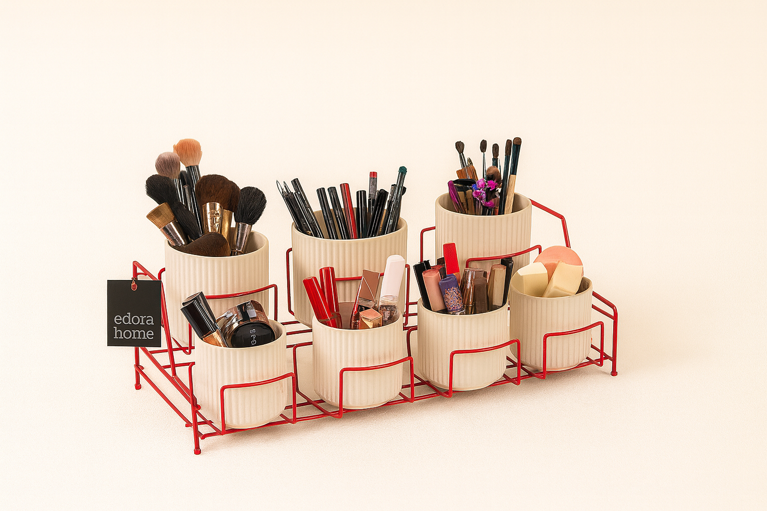 Red Makeup And Cosmetic Desk Organizer, Multipurpose Organizer 7 Compartments - Metal Stainless