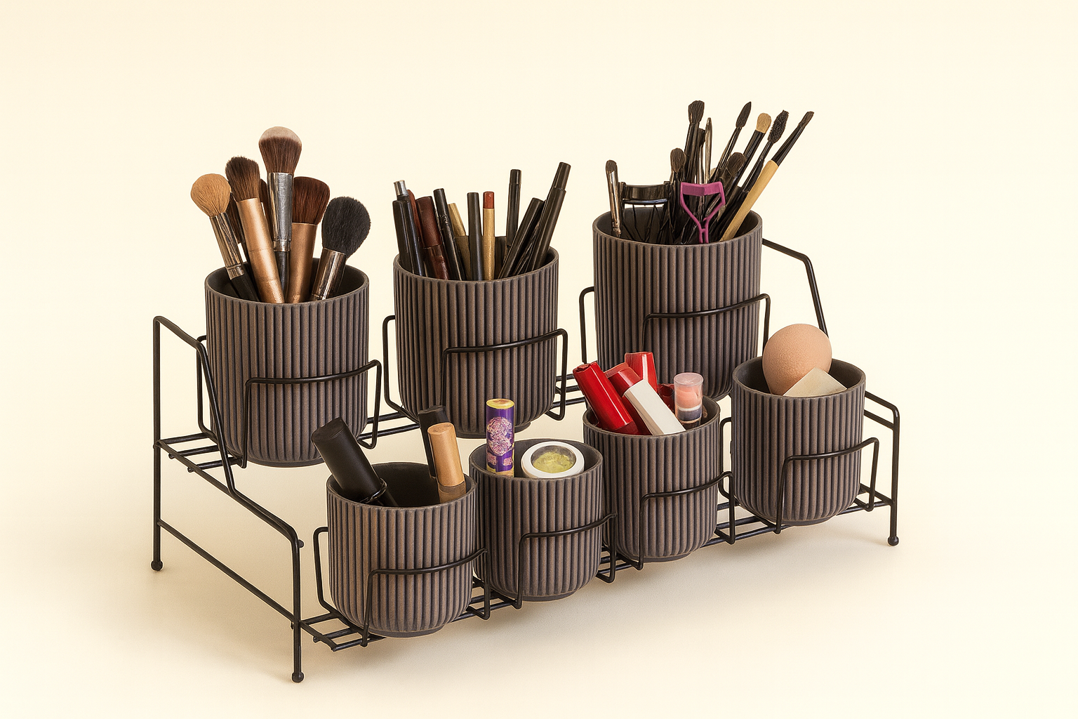 Black 7 Compartment Makeup And Cosmetic Desk Organizer, Multipurpose Organizer - Metal Stainless Steel