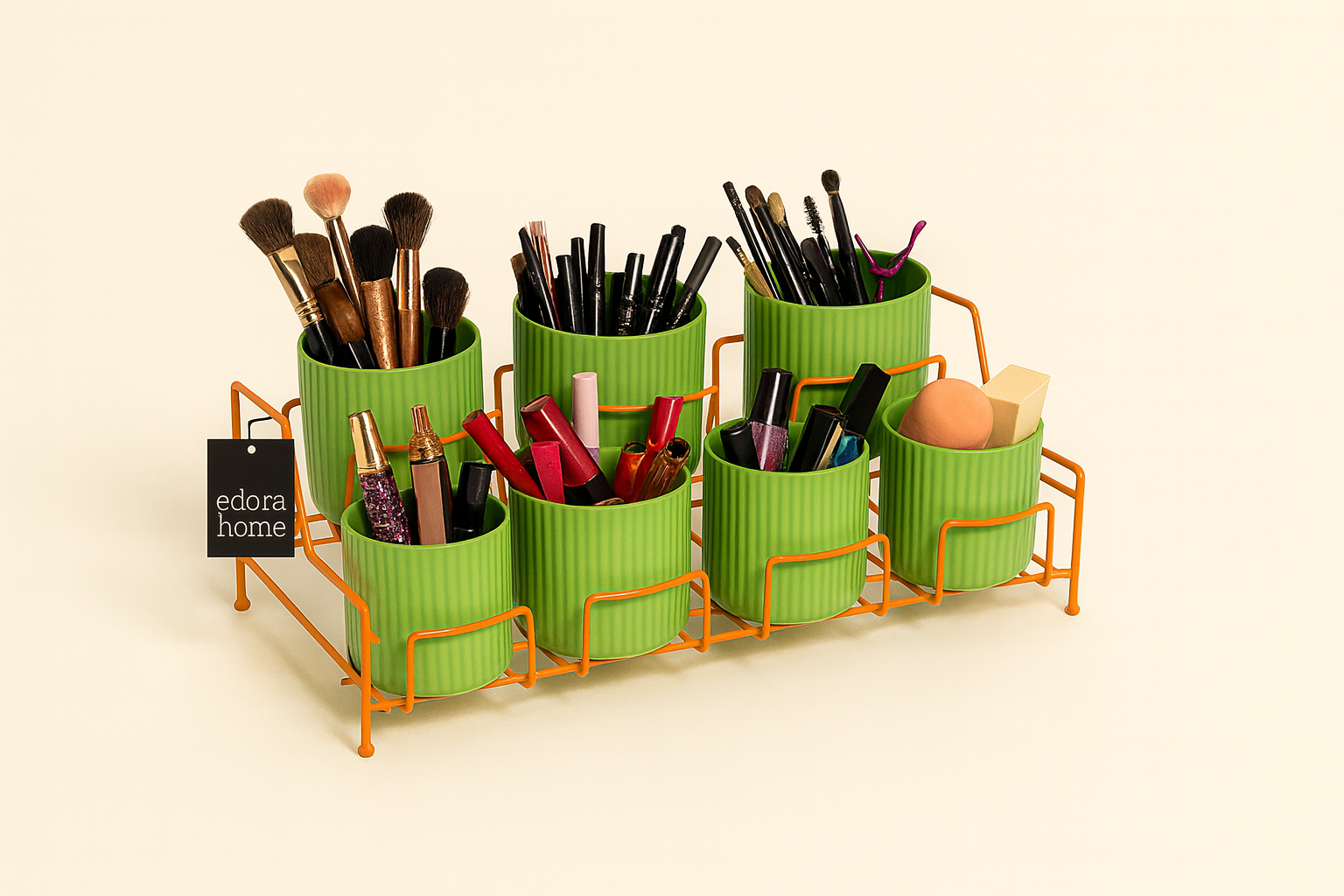 Orange Makeup And Cosmetic Desk Organizer, Multipurpose Organizer 7 Compartments - Metal Stainless