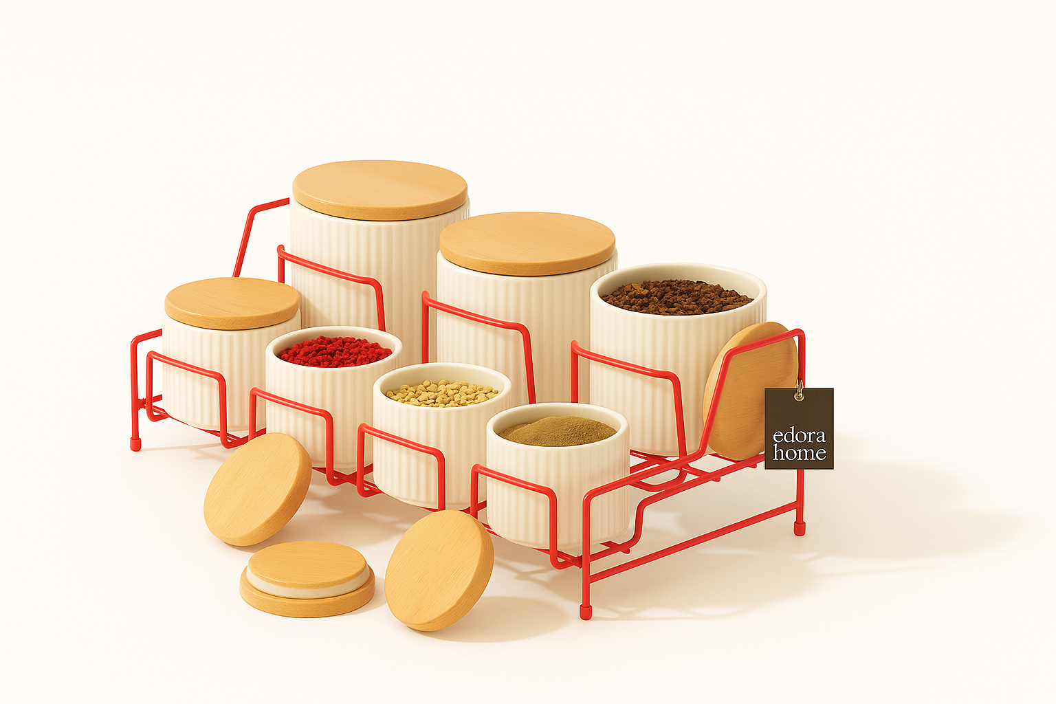 7 Compartment Porcelain Spice Set with Red Stand Kitchen Organizer with Bamboo Lid - Metal Stainless