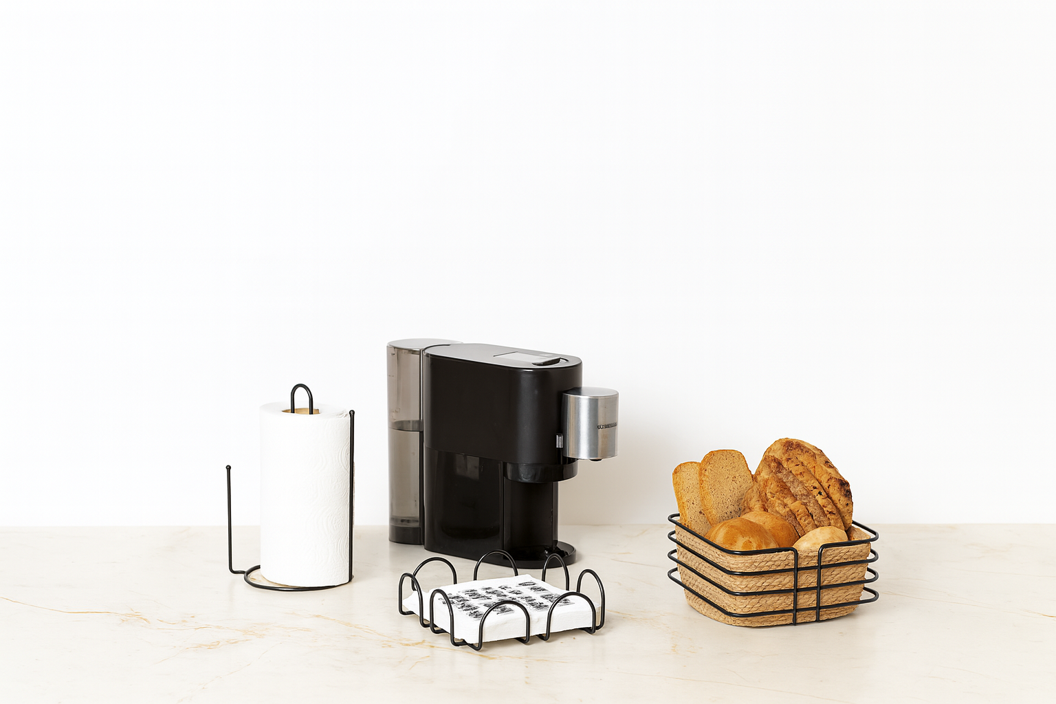 Black 4-Piece Service Presentation Set, Napkin Holder, Paper Towel Holder, Bread Holder Macrame, Nihale - Metal Stainless