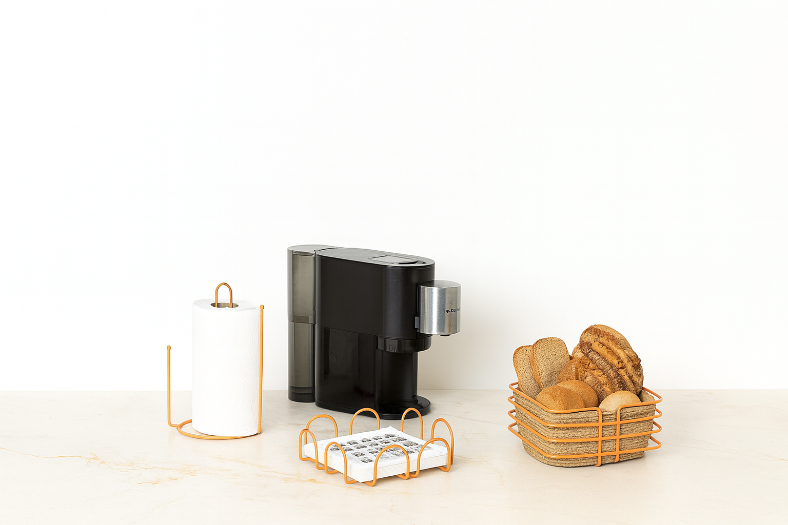 Orange 4-Piece Service Presentation Set, Napkin Holder, Paper Towel Holder, Bread Holder Macrame, Nihale - Metal Stainless