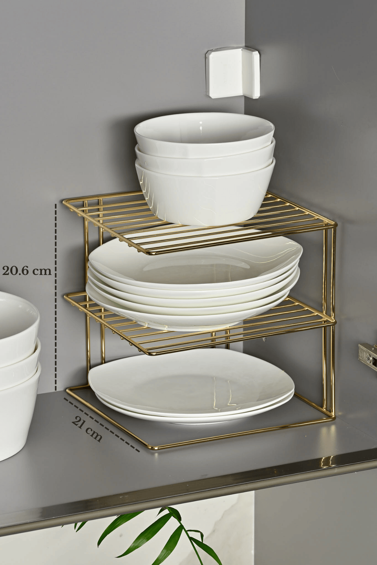 Parlak Altın 3 Katlı Dolap İçi Tabaklık Bardaklık Mutfak Düzenleyici Raf Paslanmaz Metal