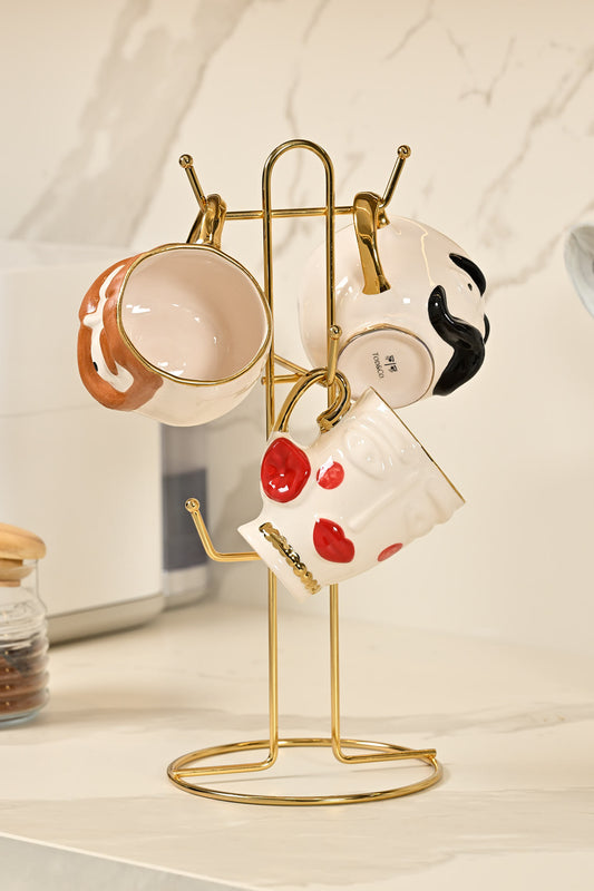 Altın 6 Bölmeli Bardak Askılık,Kupa,Fincan Kancalı Mutfak Tezgah Üstü Düzenleyici-Metal Paslanmaz