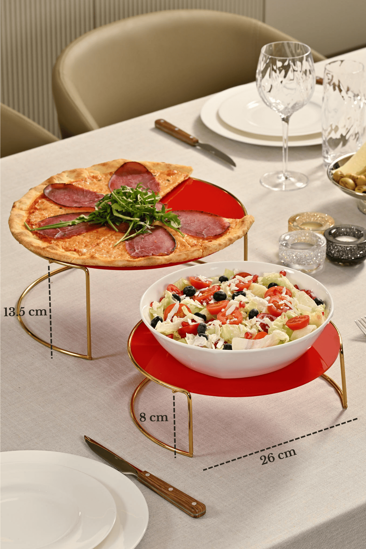 Set of 2 Shiny Gold Large Metal Serving Trays with Red Plexi