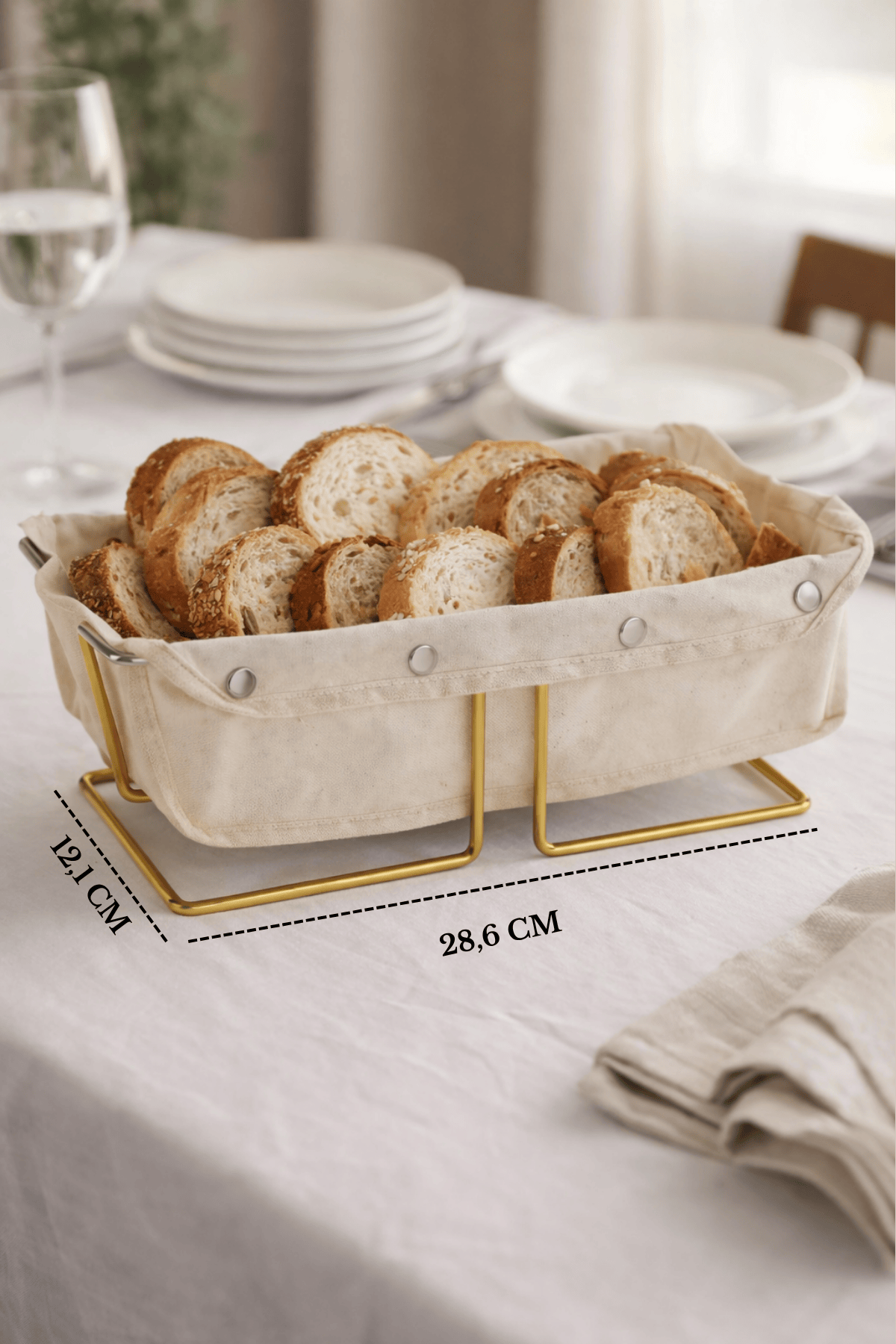 Parlak Altın Dikdörtgen Ekmek Sepeti Ekmeklik Sunum Sepeti Kanvas Kumaşlı Çok Amaçlı Paslanmaz Metal