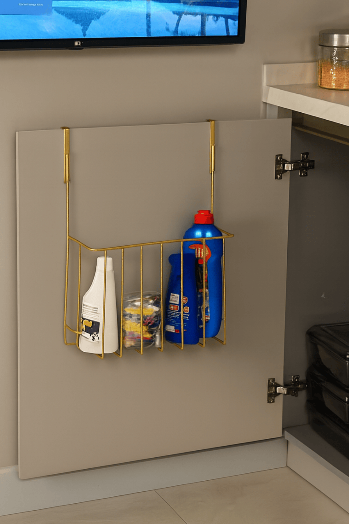 Parlak Altın Dolap Kapağı Düzenleyici Tepsilik Deterjanlık Banyo Mutfak Organizer Paslanmaz Metal