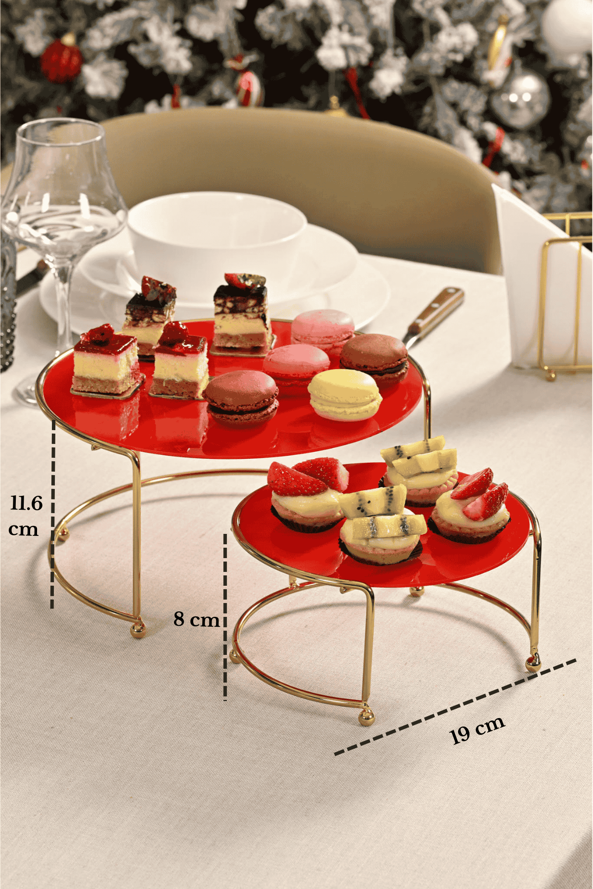 2-Piece Glossy Gold Small Metal Serving Tray with Red Plexi