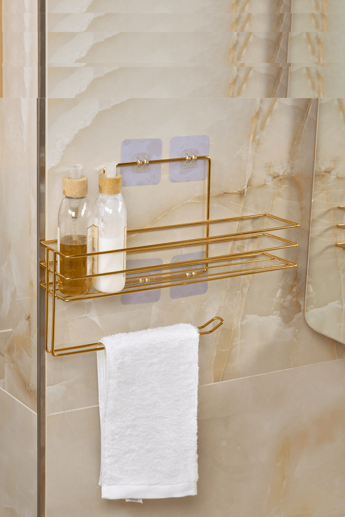 Parlak Altın Modern Banyo Rafı Yapışkanlı Duş Organizer Kağıt Havluluk