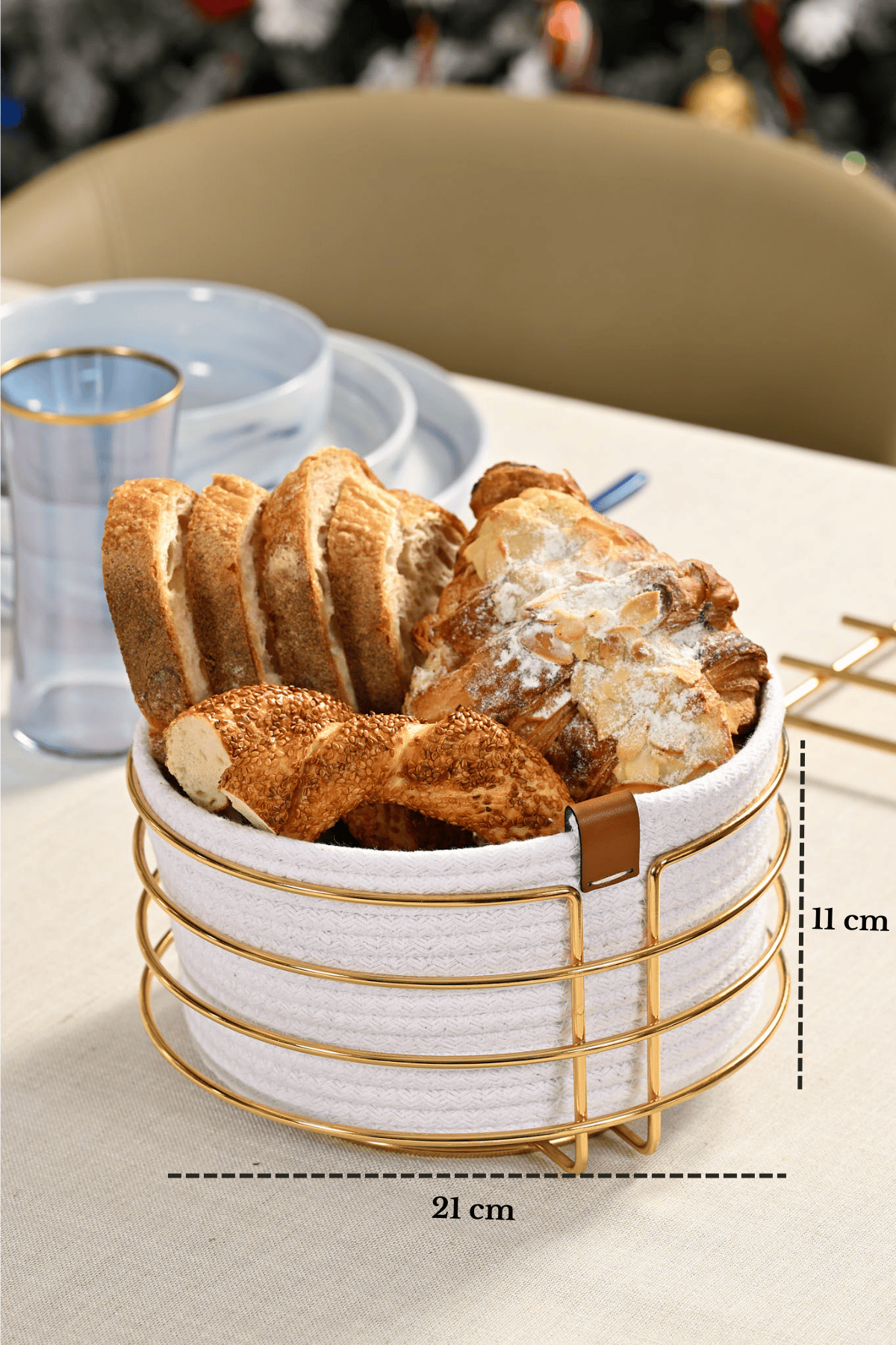 Bright Gold Round Bread Basket Bread Serving Basket Macrame Multipurpose Stainless Metal