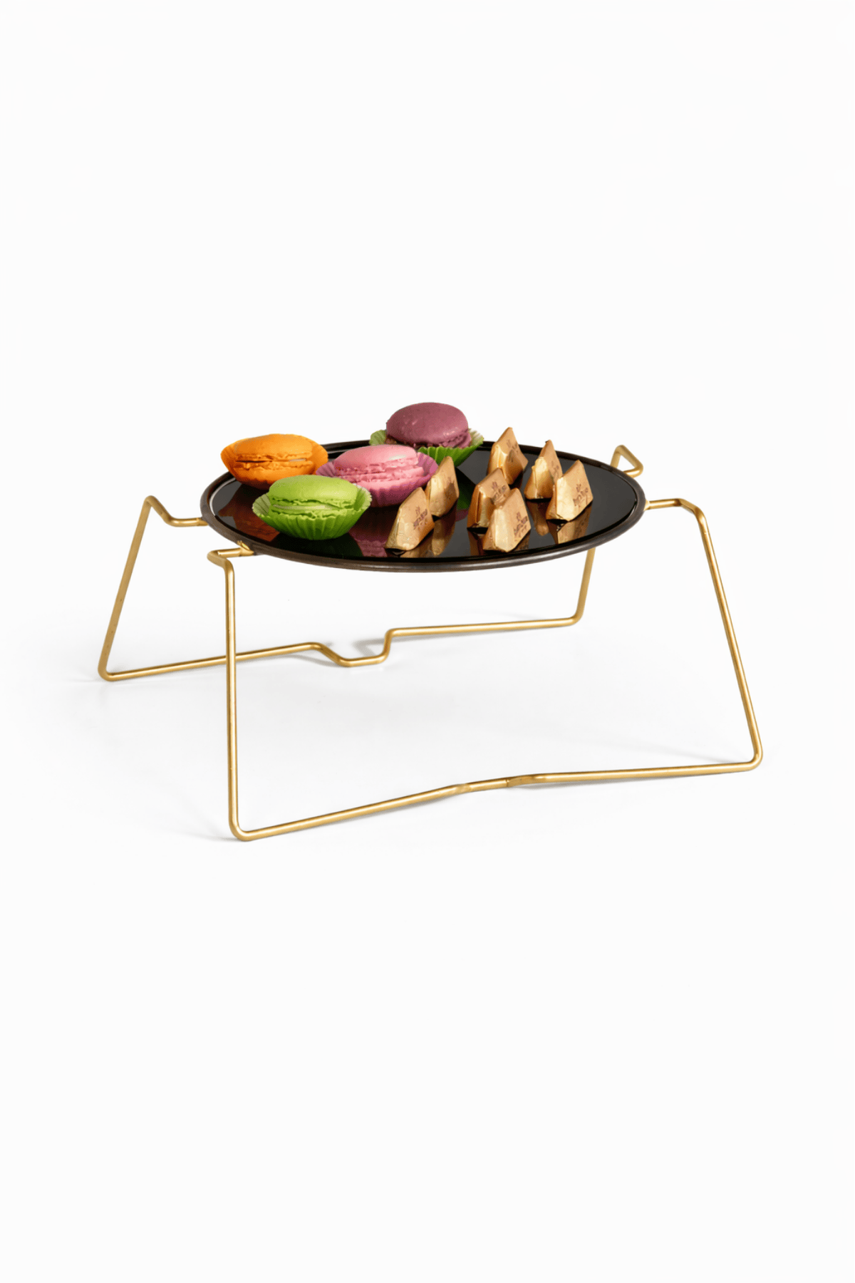 Shiny Gold Round Serving Platter Treat Pastry Serving Stand with Metal Legs Black Plexi