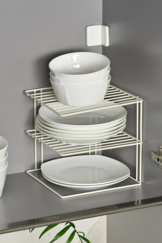 Bej 3 Katlı Dolap Içi Çok Amaçlı Tabak, Bardak, Mutfak Düzenleyici Raf, Tabaklık - Metal Paslanmaz