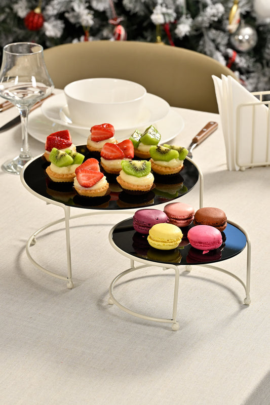 Paslanmaz metal bej küçük boy sunumluk – siyah pleksi tabanlı modern ve zarif masa üstü tasarım