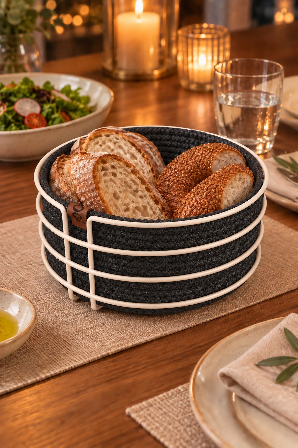 Bej Yuvarlak Ekmek Sepeti, Ekmeklik Sunum Sepeti, Antrasit Gri Makrome Çok Amaçlı Paslanmaz Metal