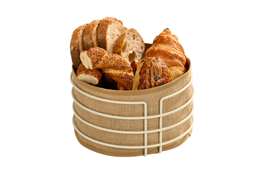 Bej Yuvarlak Ekmek Sepeti Jüt Kahve Kumaş Bezi, Renkli Sunum Sepet Ekmeklik - Çok Amaçlı Metal Paslanmaz