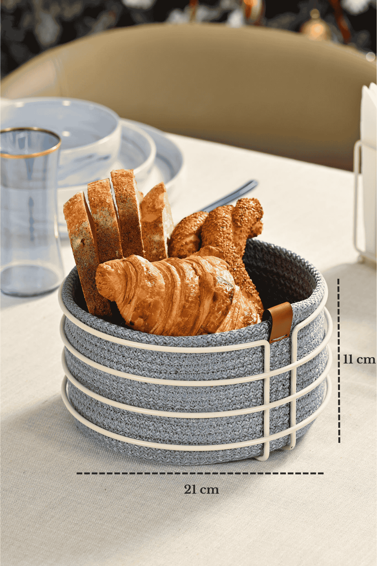 Beige Round Bread Basket Bread Bin Serving Basket Macrame Multipurpose Stainless Metal