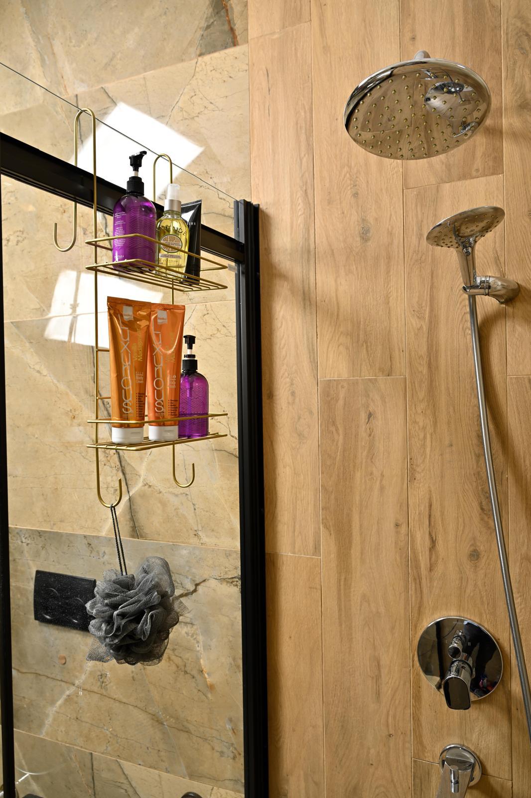 Duşakabin Üst Askılı Şampuanlık 2 Raflı Metal Duş Organizeri Gold