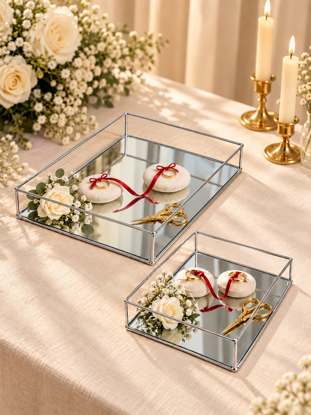 EDORA HOME 2'li Parlak Silver Aynalı Söz Nişan Tepsisi, Damat Kahvesi ve Dekoratif Sunum Tepsisi