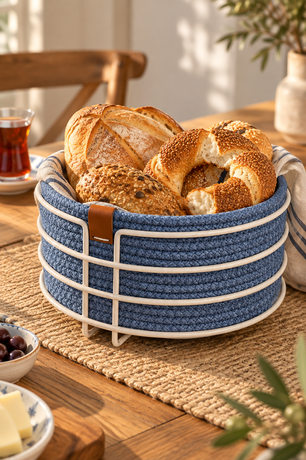 EDORA HOME Bej Yuvarlak Ekmek Sepeti, Ekmeklik Sunum Sepeti, İndigo Makrome Çok Amaçlı Paslanmaz Metal