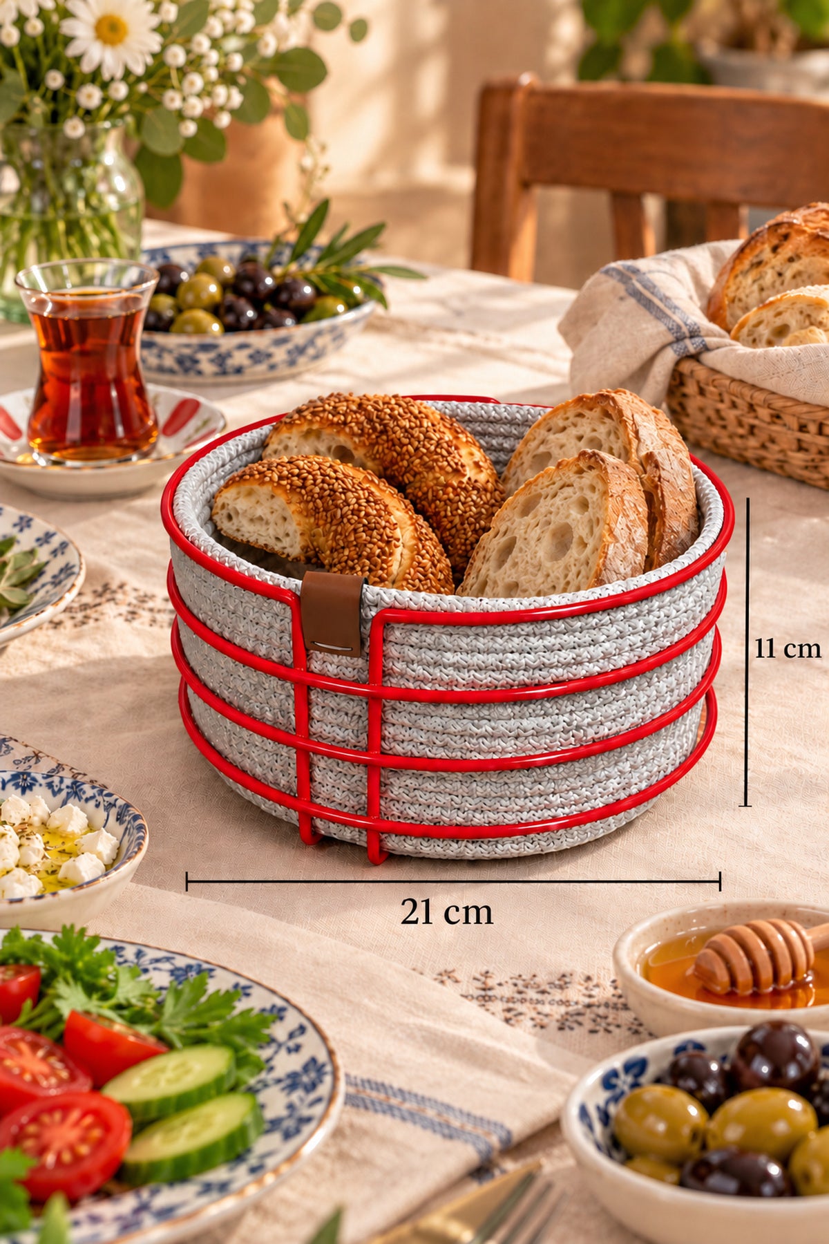 EDORA HOME Kırmızı Yuvarlak Ekmek Sepeti, Ekmeklik Sunum Sepeti, Buz Gri Makrome Çok Amaçlı Paslanmaz Metal