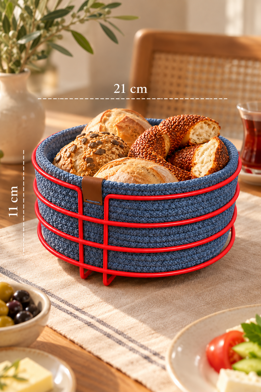 EDORA HOME Kırmızı Yuvarlak Ekmek Sepeti, Ekmeklik Sunum Sepeti, İndigo Makrome Çok Amaçlı Paslanmaz Metal