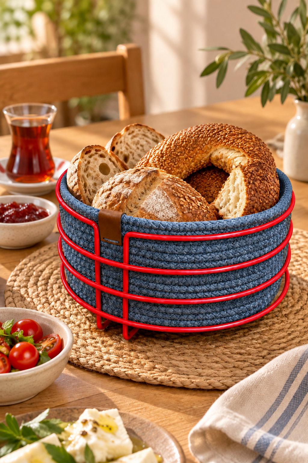 EDORA HOME Kırmızı Yuvarlak Ekmek Sepeti, Ekmeklik Sunum Sepeti, İndigo Makrome Çok Amaçlı Paslanmaz Metal
