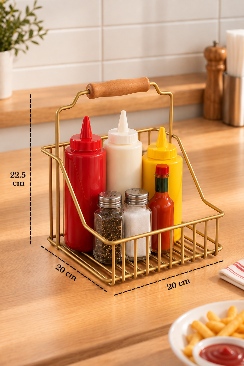 EDORA HOME Mat Gold Bistro Metal Sosluk Sepeti – Ketçap, Mayonez ve Sos Şişesi Düzenleyici, Sunum Organizeri