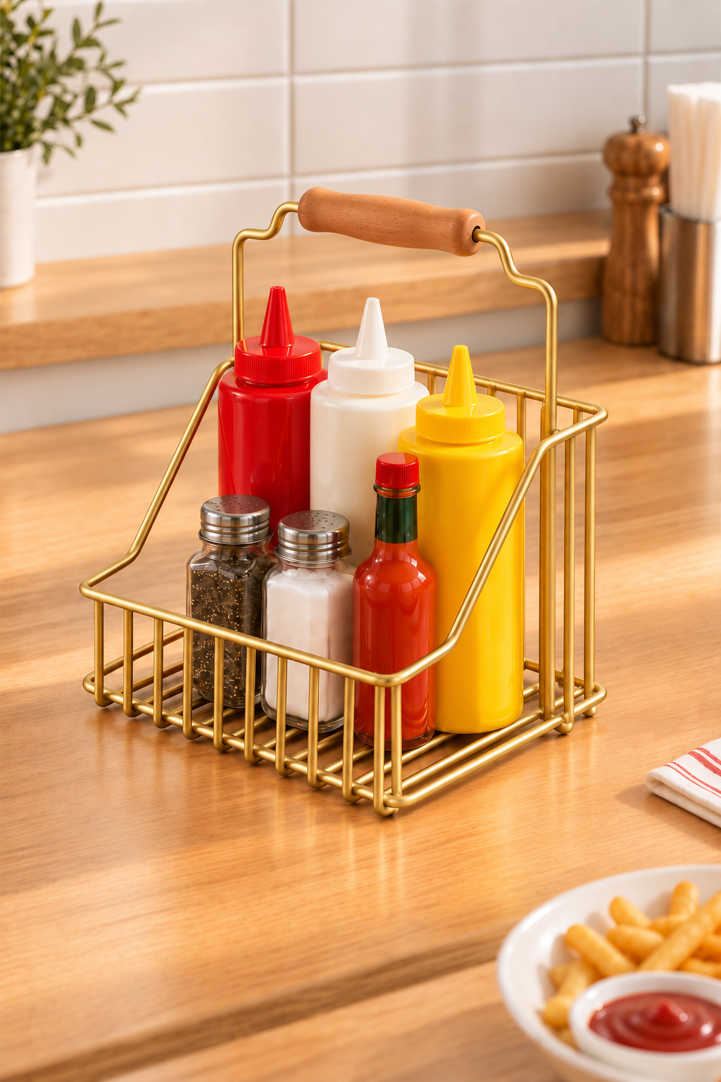 EDORA HOME Mat Gold Bistro Metal Sosluk Sepeti – Ketçap, Mayonez ve Sos Şişesi Düzenleyici, Sunum Organizeri