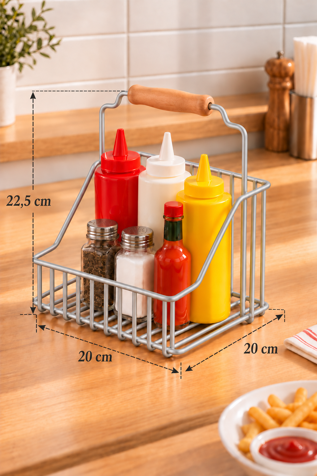 EDORA HOME Mat Gümüş Bistro Metal Sosluk Sepeti – Ketçap, Mayonez ve Sos Şişesi Düzenleyici, Sunum Organizeri