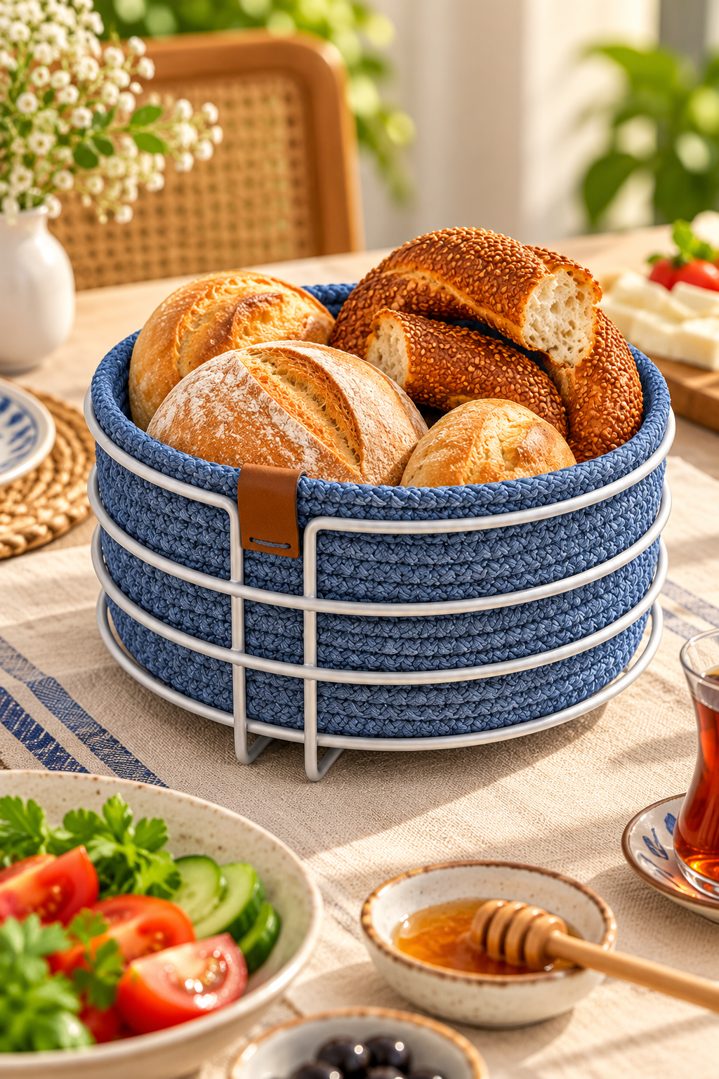 EDORA HOME Mat Gümüş Yuvarlak Ekmek Sepeti, Ekmeklik Sunum Sepeti, İndigo Makrome Çok Amaçlı Paslanmaz Metal