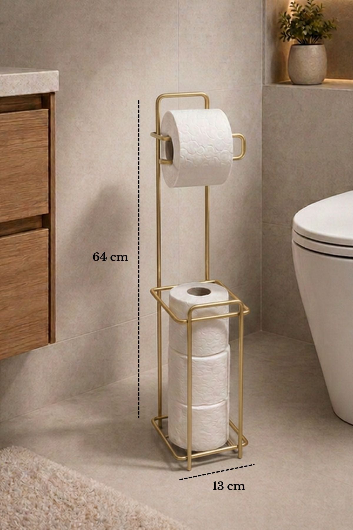Parlak Altın Ayaklı Metal Tuvalet Kağıtlığı, Yedek Rulo Standı ve Banyo Düzenleyici