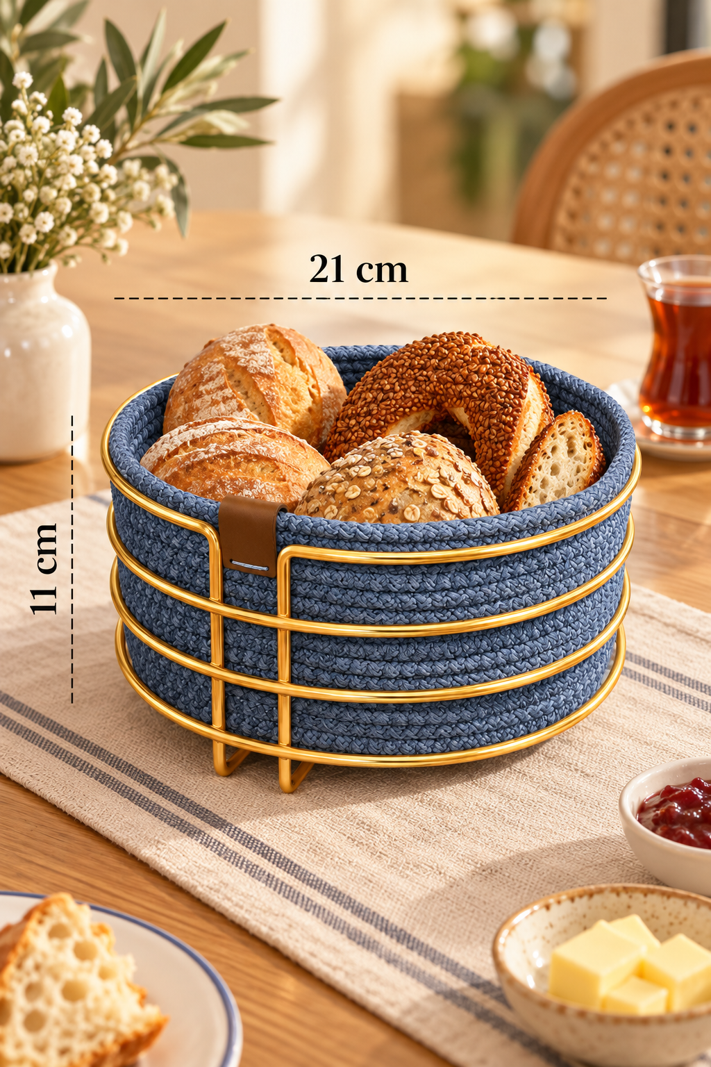 EDORA HOME Parlak Altın Yuvarlak Ekmek Sepeti, Ekmeklik Sunum Sepeti, İndigo Makrome Çok Amaçlı Paslanmaz Metal