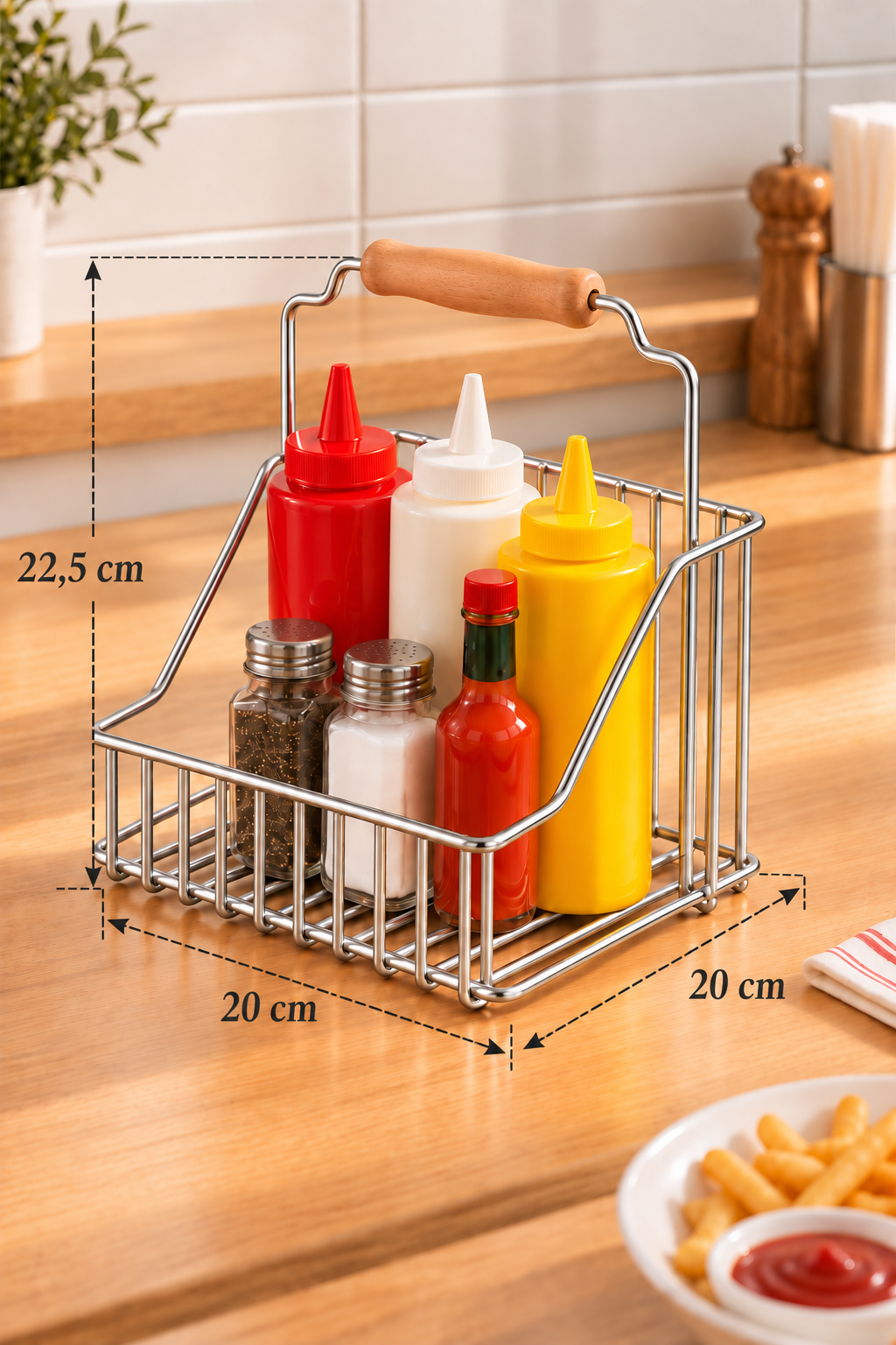 EDORA HOME Parlak Silver Bistro Metal Sosluk Sepeti – Ketçap, Mayonez ve Sos Şişesi Düzenleyici, Sunum Organizeri