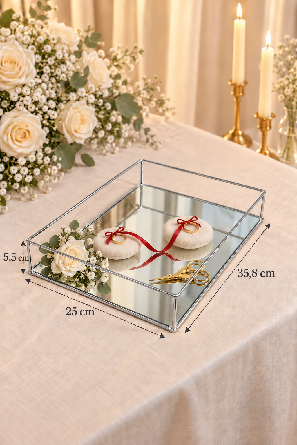 EDORA HOME Parlak Silver Büyük Boy Aynalı Söz Nişan Tepsisi, Damat Kahvesi ve Dekoratif Sunum Tepsisi