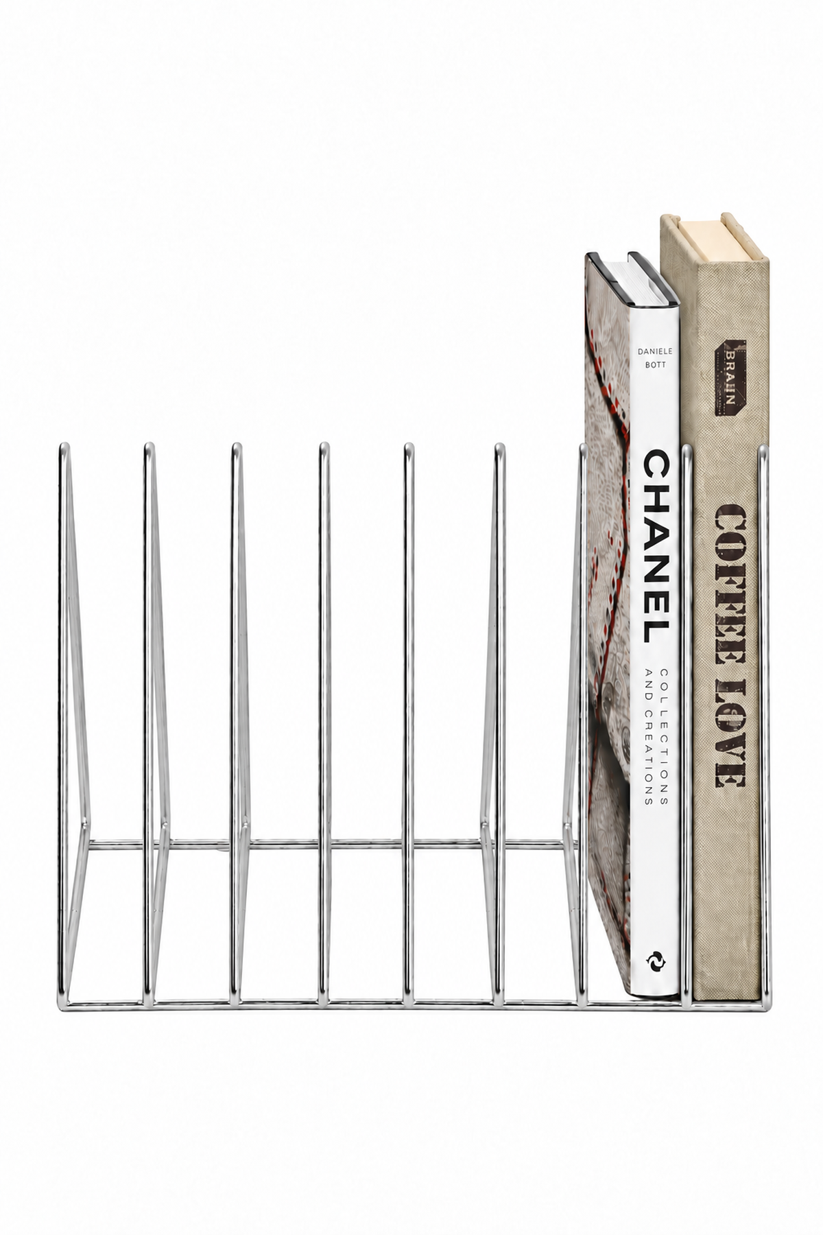 Parlak Silver Metal Masaüstü Kitap Düzenleyici, Kitaplık, Dergilik ve Plak Organizeri