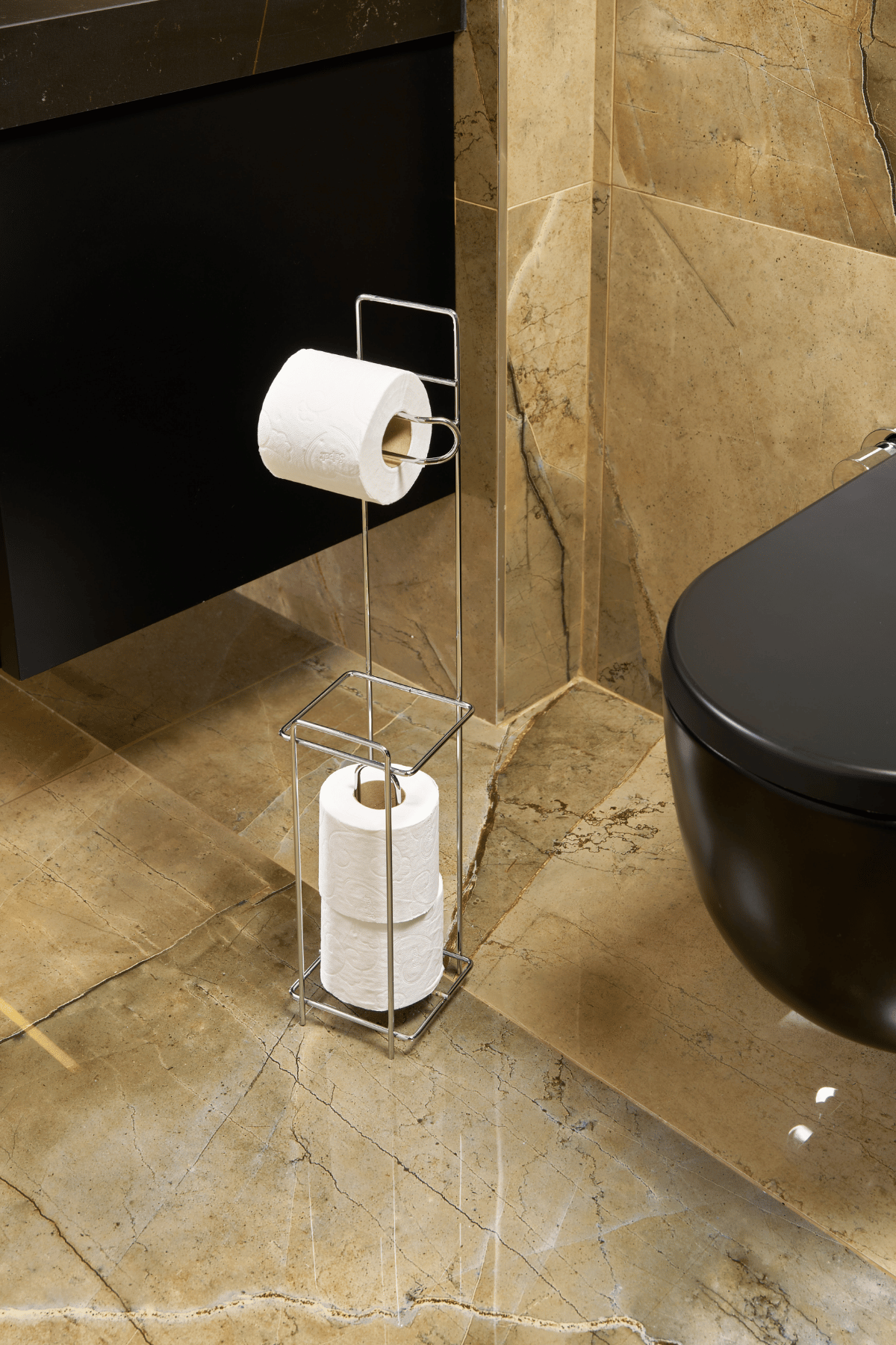 Parlak Silver Ayaklı Metal Tuvalet Kağıtlığı, Yedek Rulo Standı ve Banyo Düzenleyici